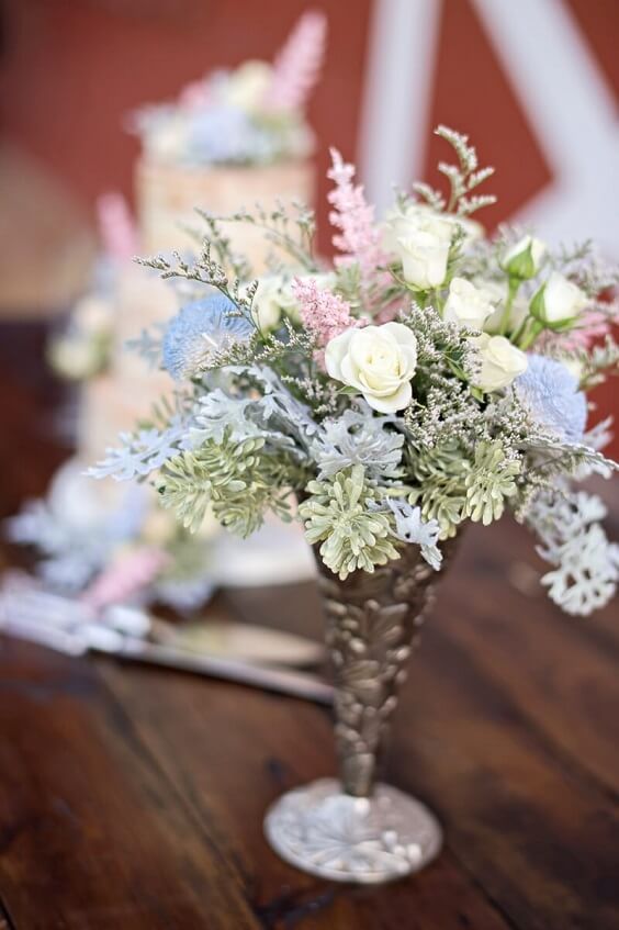 Centerpieces for Blush and dusty blue wedding